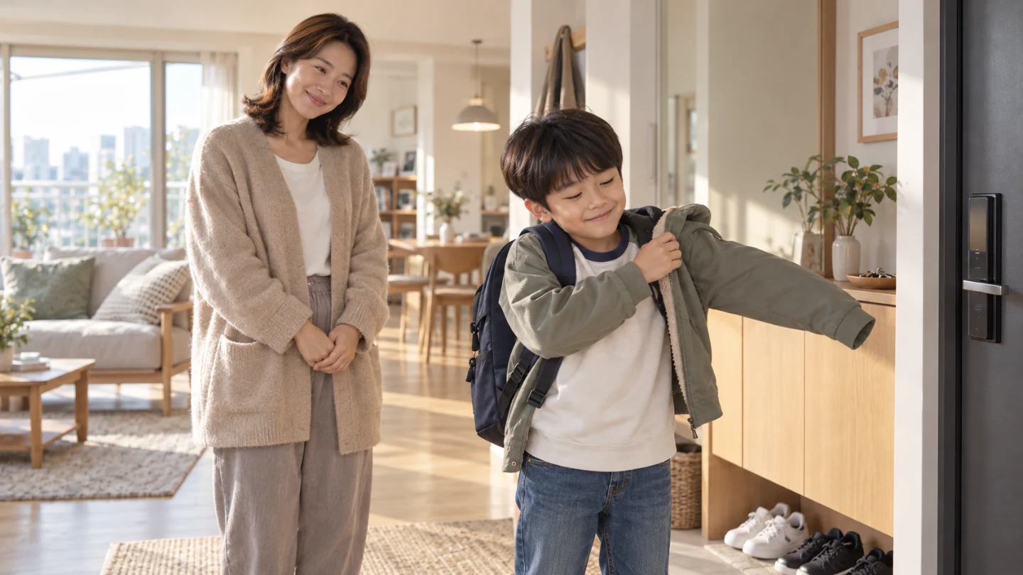 아이가 스스로 외출을 준비하는 모습을 바라보며 미소 짓는 부모의 연출 이미지