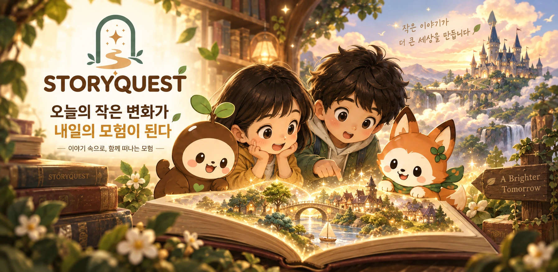 StoryQuest의 두 주인공과 동물 친구들이 마법의 책과 함께 모험하는 서비스 소개 이미지